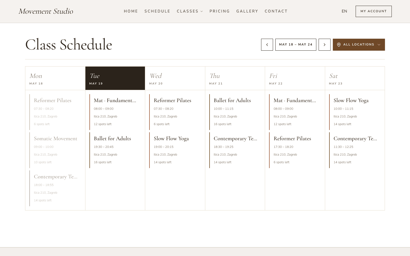 Movement Studio public weekly class calendar powered by Studio OS
