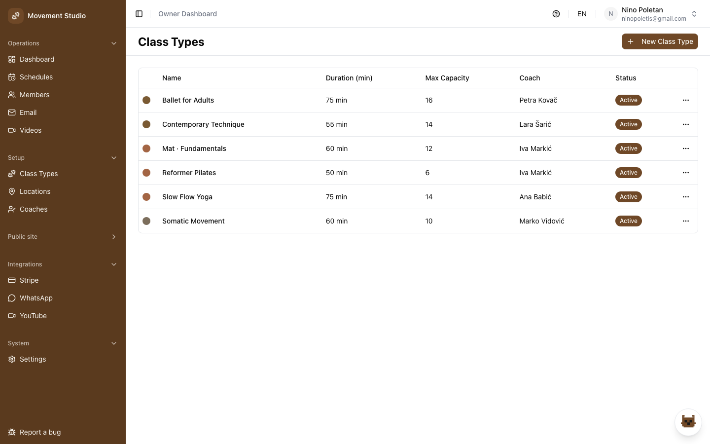 Class types and coach assignment