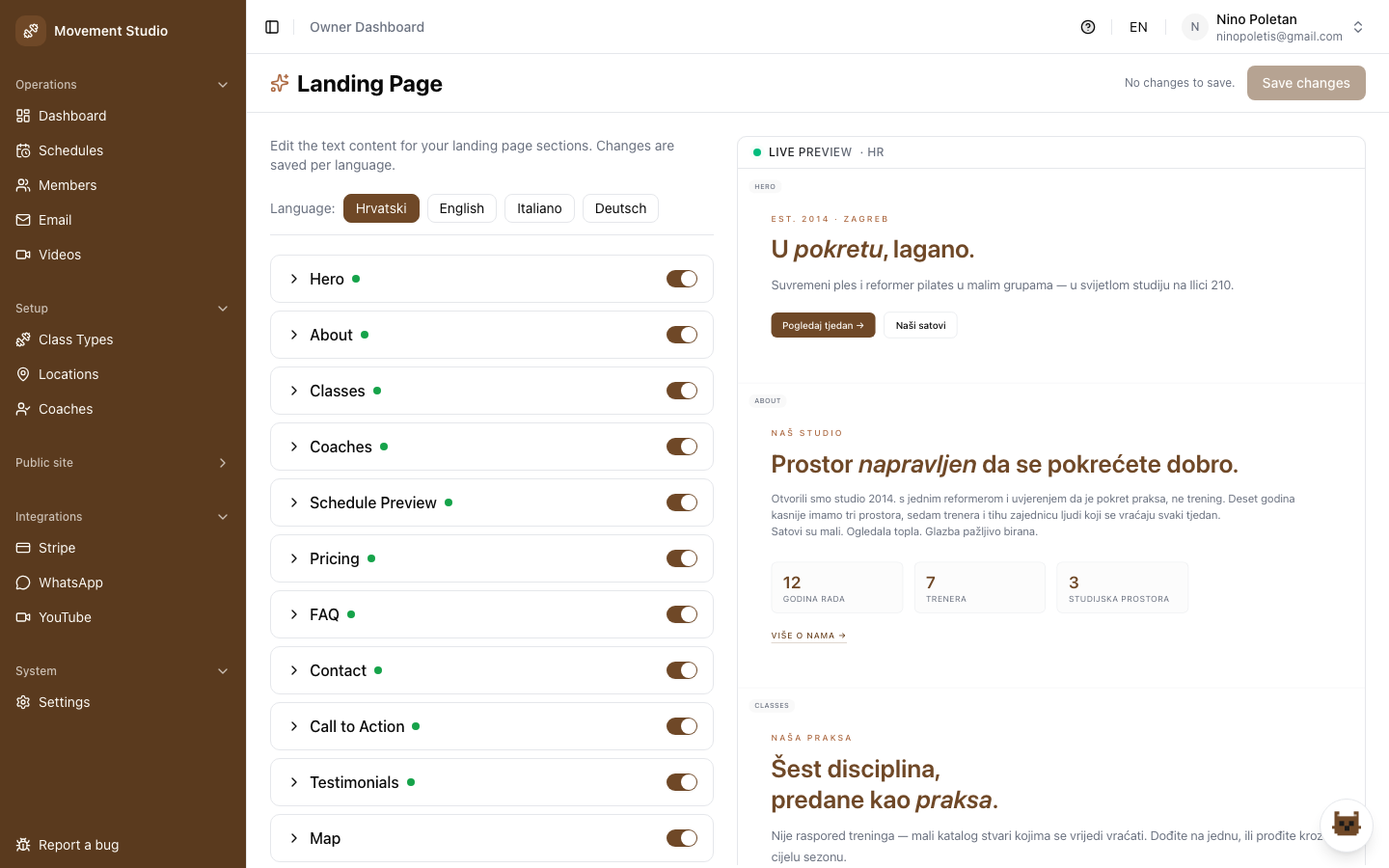 Dynamic landing page editor with section toggles