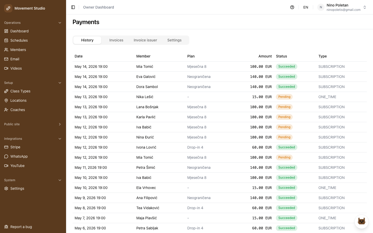 Stripe payment history and subscriptions