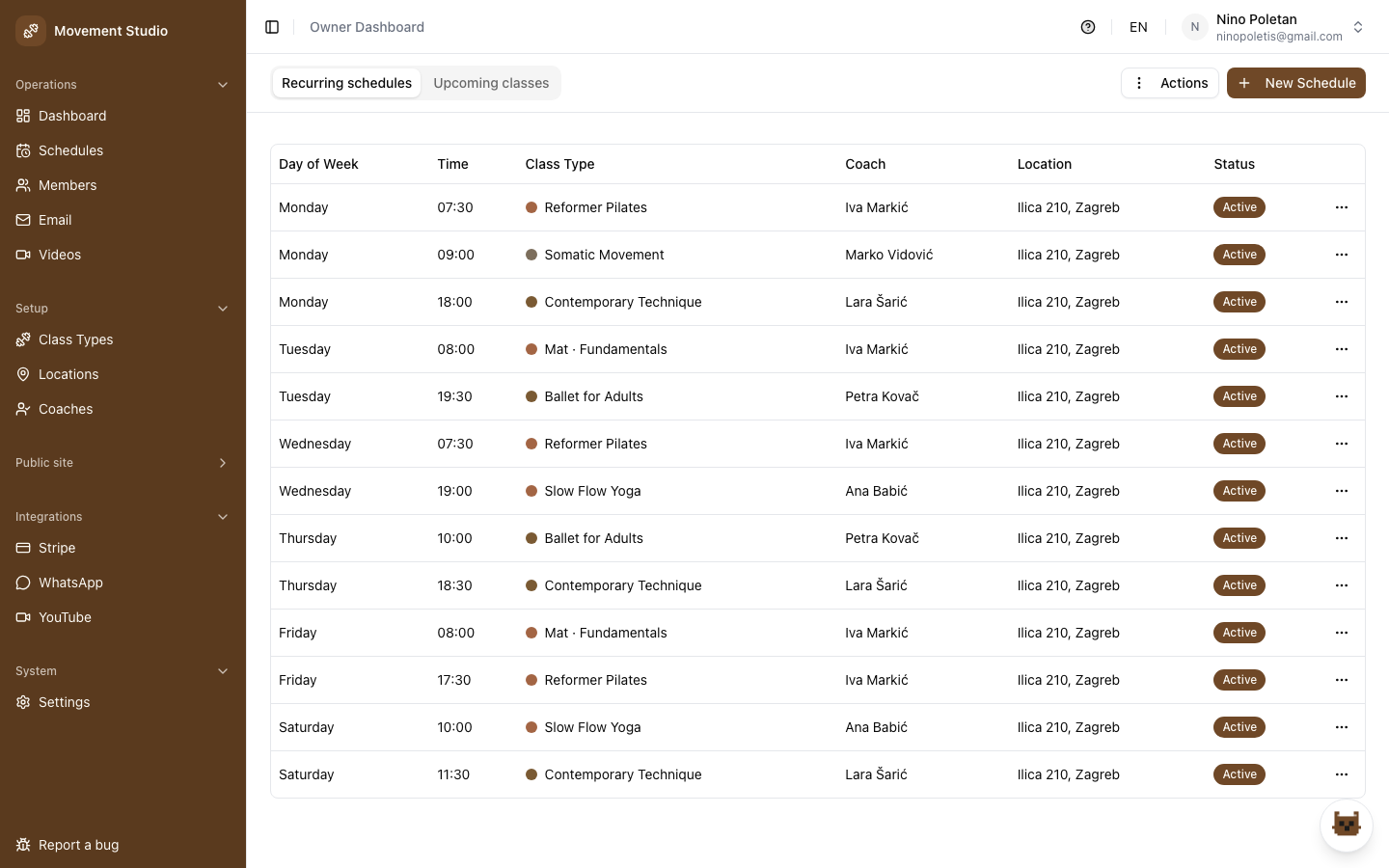 Weekly schedule, set up once in the owner panel
